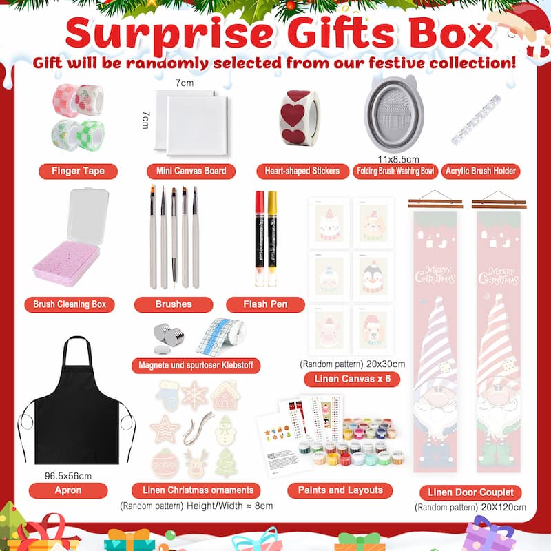 Christmas Surprise Gifts Box display showing various festive art supplies and accessories including brushes, mini canvas boards, finger tape, heart-shaped stickers, apron, paints, flash pens, linen canvases, and Christmas ornaments.