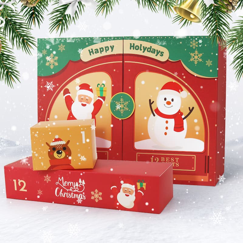 Festive Christmas gift box set with Santa and snowman design labeled “Happy Holydays,” featuring numbered boxes 1 and 12 decorated with holiday graphics and snowflakes on a snowy background.