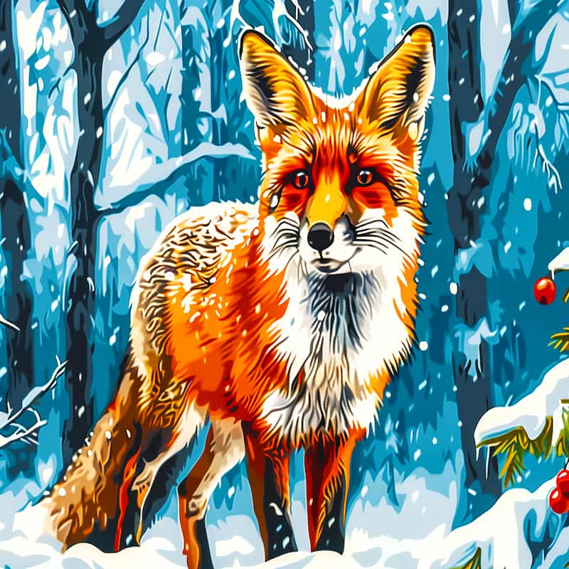 Fox in a snowy forest with a blue sky