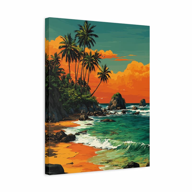 Canvas print of a tropical beach scene with palm trees and ocean waves.