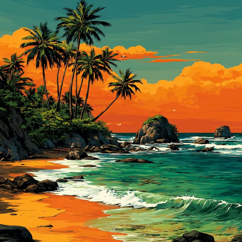 Tropical beach scene with palm trees, rocks, and a colorful sunset.