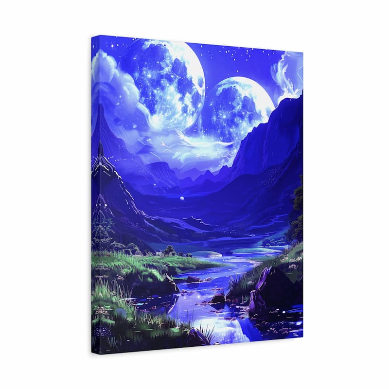 Canvas print of a fantasy landscape with mountains, a river, and a large moon.