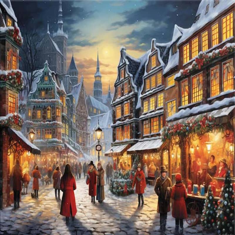 Snowy London street scene with people in red coats during winter.