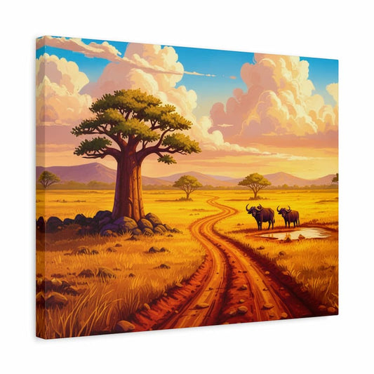 Surreal landscape with a large tree, winding path, and animals under a colorful sky.