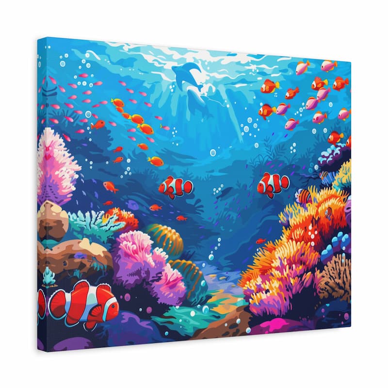 Canvas print of a vibrant underwater scene with colorful fish and coral.