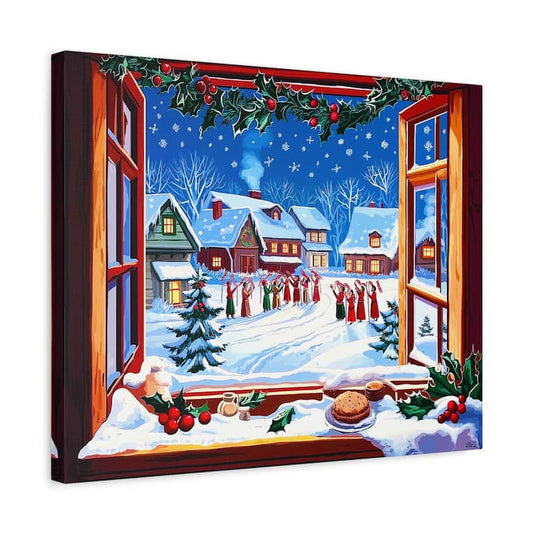 Decorative wall art of a snowy village scene through an open window with Christmas elements.