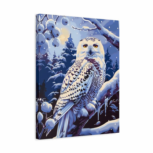 Canvas print of an owl in a snowy forest with blue and white tones.