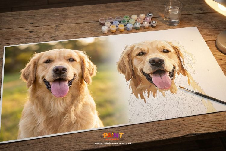 Custom pet paint-by-numbers kit showing a Golden Retriever reference photo beside the partially painted canvas on a wooden table.