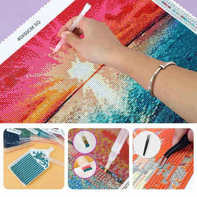 A collage of a diamond painting scene showing different painting steps.