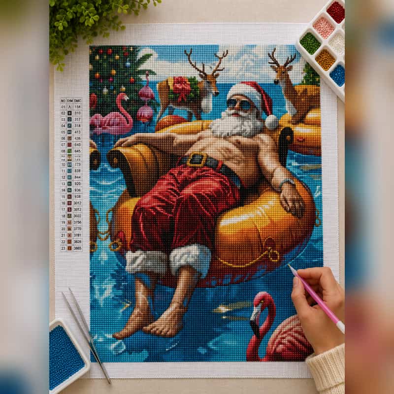 Joyful Santa diamond painting kit showing a festive Santa design finished with sparkling round diamond drills