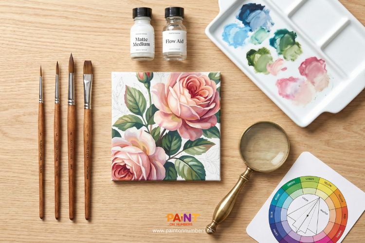 Paint-by-numbers rose artwork in progress on a wooden table, surrounded by brushes, matte medium, flow aid, a color mixing palette, a magnifying glass, and a color wheel chart.