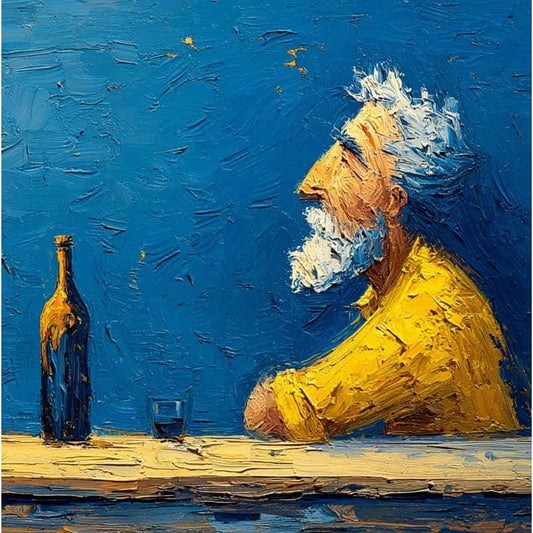 A painting with palette knife texture style, bold blue and gold, of a man sitting with a bottle.