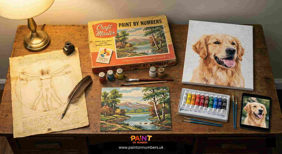 Top-down view of a wooden desk featuring a vintage paint-by-numbers kit, modern custom pet portrait canvas, paint pots, brushes, and reference images laid out for painting.
