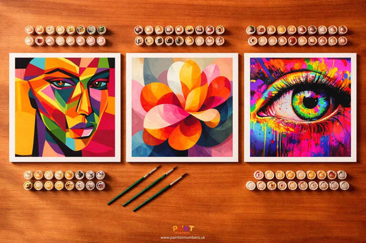 Selection of abstract paint by numbers kits showing contemporary figure and mandala designs on linen canvas in bold expressive colours