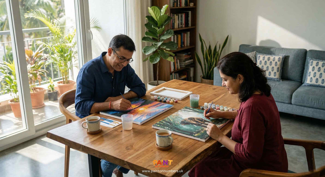 two adults painting paint by numbers canvases together at a wooden table in a bright living room showing relaxing creative activity that supports mental focus