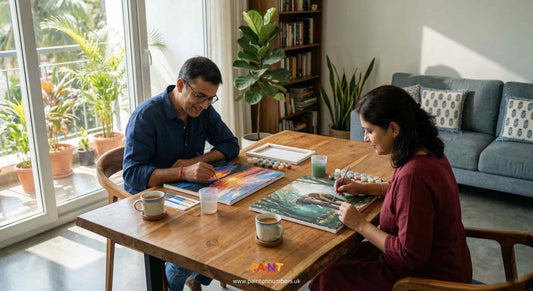 two adults painting paint by numbers canvases together at a wooden table in a bright living room showing relaxing creative activity that supports mental focus
