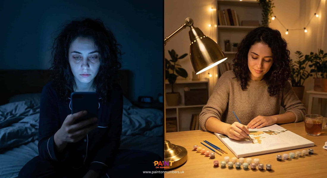 Split screen comparison showing blue light phone use at night versus relaxing paint by numbers activity under warm light to support better sleep and reduce screen fatigue