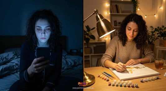 Split screen comparison showing blue light phone use at night versus relaxing paint by numbers activity under warm light to support better sleep and reduce screen fatigue