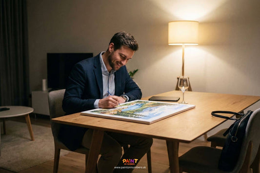 Busy professional relaxing at a dining table in the evening while painting a paint by numbers canvas under warm indoor lighting.