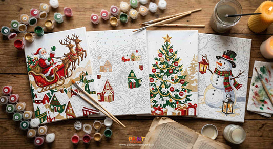 Christmas paint by numbers kits collection showing festive canvases including Santa, Christmas village, snowman and decorated tree designs