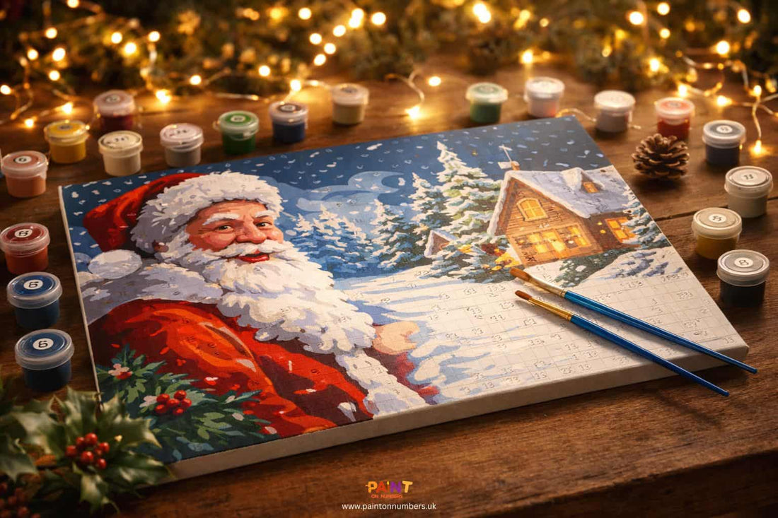 Christmas paint by numbers kit on a wooden table with festive decorations and fairy lights in the background