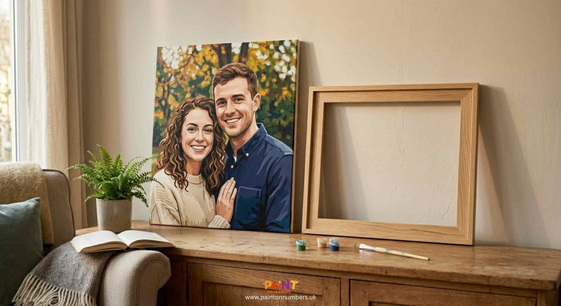 A beautifully completed custom paint by numbers portrait canvas ready to be framed and given as a gift or sold