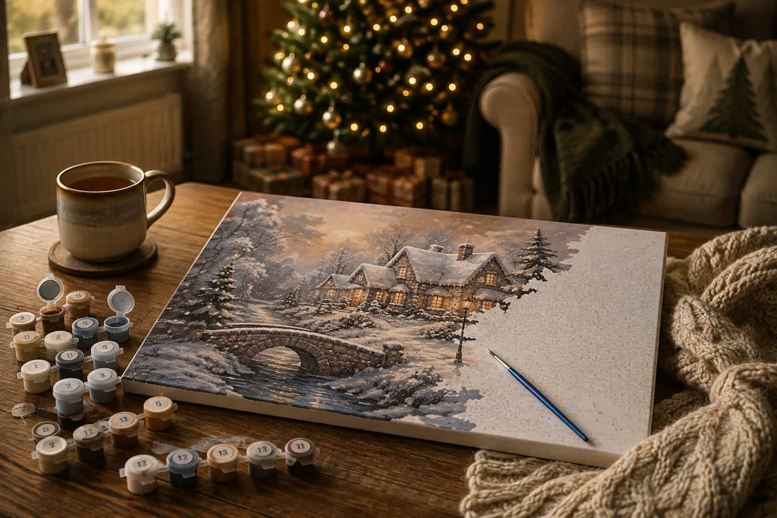 A completed diamond painting canvas depicting a cozy snowy winter village scene with a stone bridge and glowing windows, displayed on a wooden table in a warm holiday living room setting.
