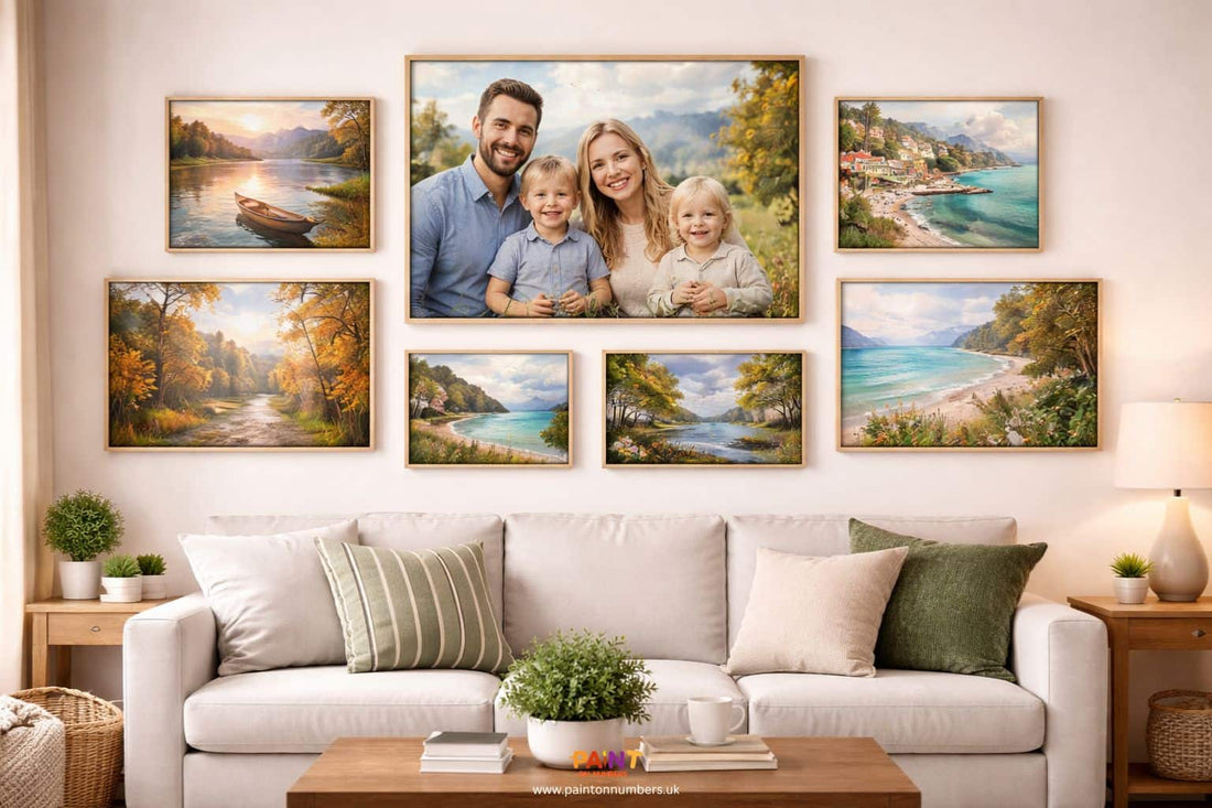 A beautiful gallery wall in a living room featuring a mix of custom paint by numbers portraits and landscapes.