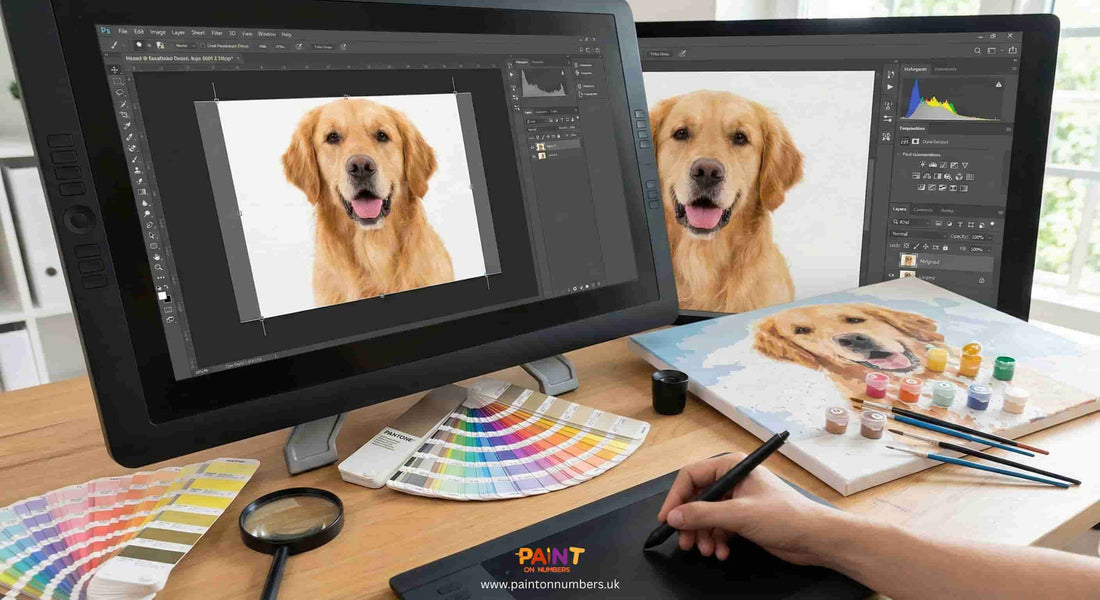 A computer monitor showing a high-resolution photo next to a finished custom paint by numbers canvas of the same image. | | Resolution Chart (Infographic)
