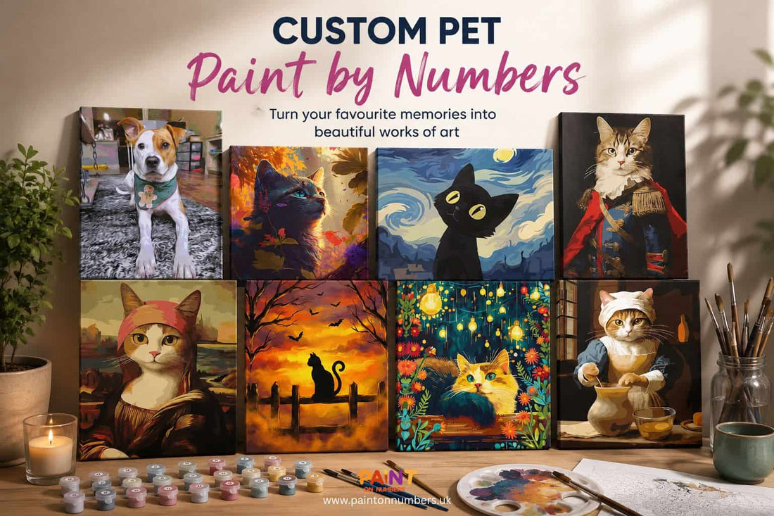 Collection of custom pet paint by numbers canvases displayed on a cozy art studio table, featuring colorful cat and dog paintings with brushes, paint pots, and warm ambient lighting.