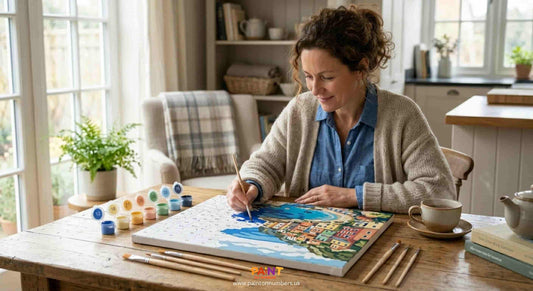 A beginner adult painter working on an easy paint by numbers canvas at a well-lit table with numbered paint pots and brushes arranged neatly beside the canvas