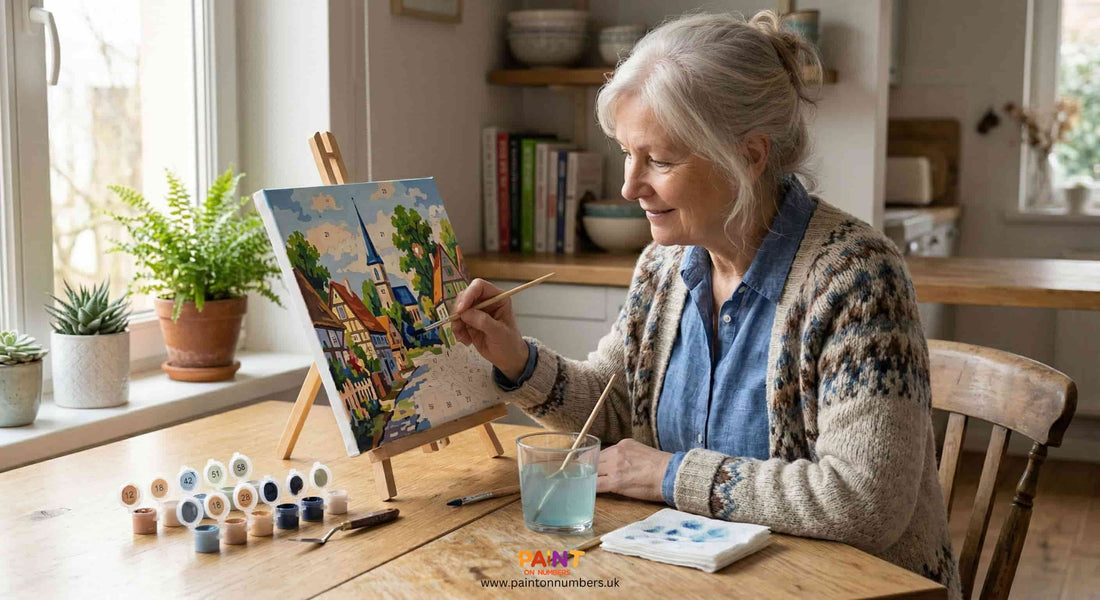An elderly person sitting at a table painting a paint by numbers canvas with brushes and paint pots arranged neatly beside them