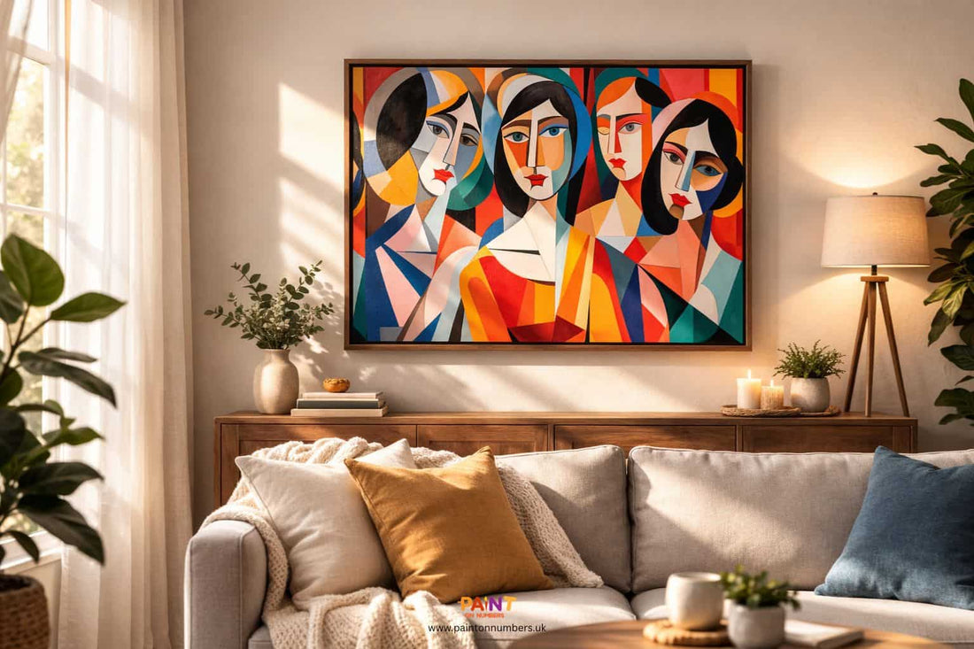 Colorful abstract art piece on a wall above a sofa in a living room.