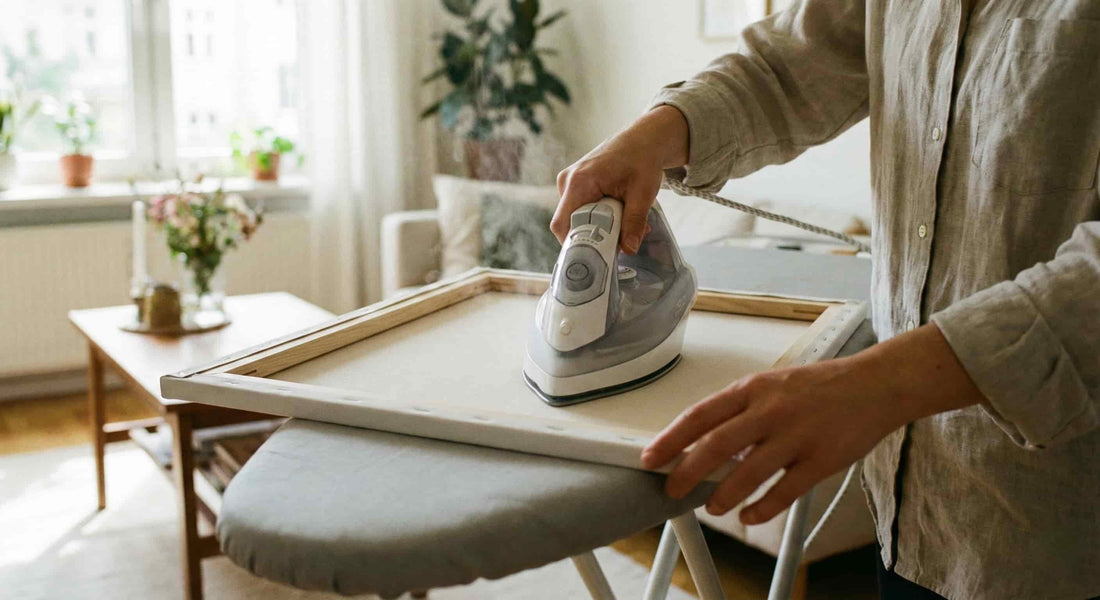 Heat pressing a paint by numbers canvas onto a wooden frame using an iron for a smooth, wrinkle-free finish.