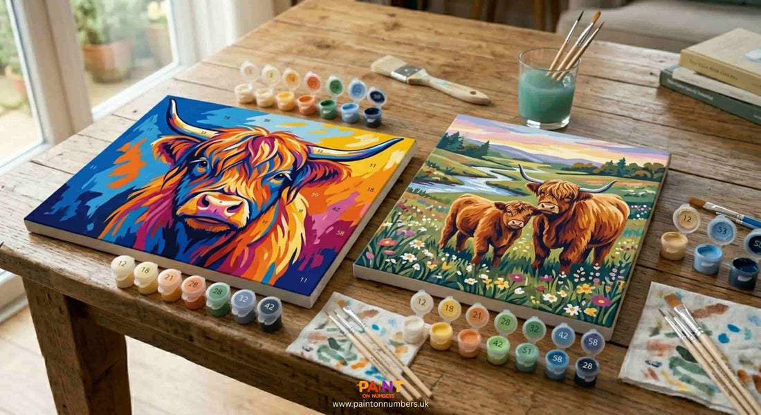 Two Highland cow paint by numbers kits side by side showing the colourful neon portrait and the peaceful wildflower landscape designs on linen canvas