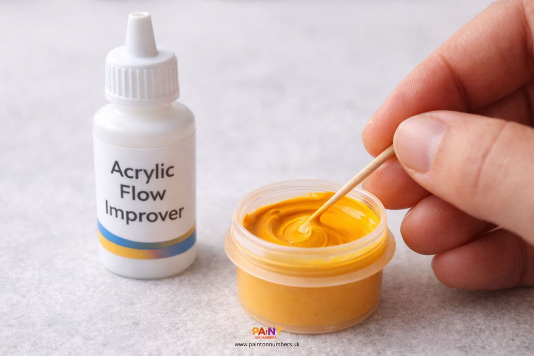 Acrylic flow improver bottle with a container of yellow paint and a wooden stirrer.