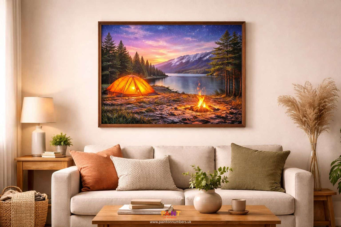 A large completed paint by numbers painting displayed on a living room wall in a wooden frame making a strong visual statement