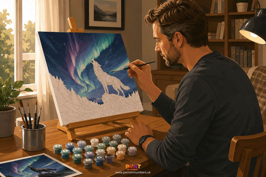 A man painting a detailed canvas on a wooden easel at a desk - best paint by numbers for men UK