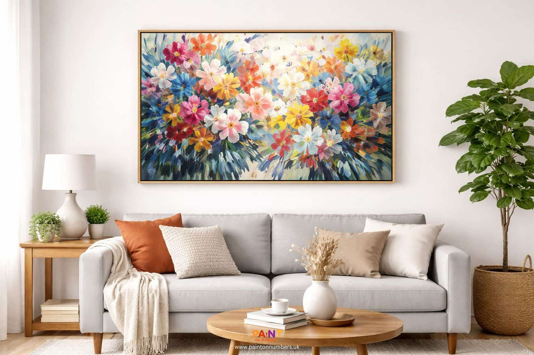 A vibrant modern abstract paint by numbers canvas hanging in a stylish minimalist living room.