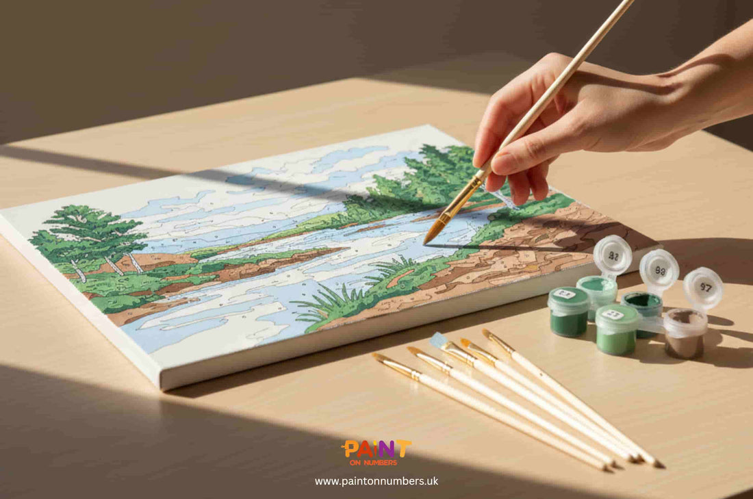 A painter beginning a paint by numbers landscape, using a fine brush to fill in green areas, with paint pots and brushes laid neatly on a wooden table in soft natural light.