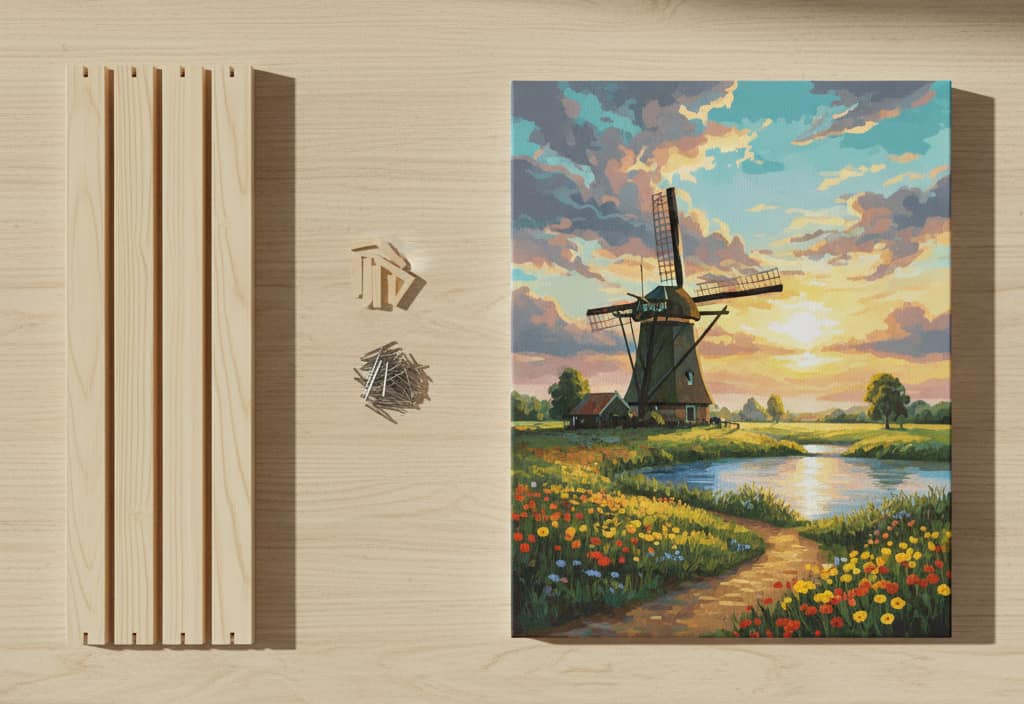 Overhead view of a DIY wooden frame kit with four pine stretcher bars, tacks, corner keys, and a finished windmill paint by numbers canvas on a wooden surface.