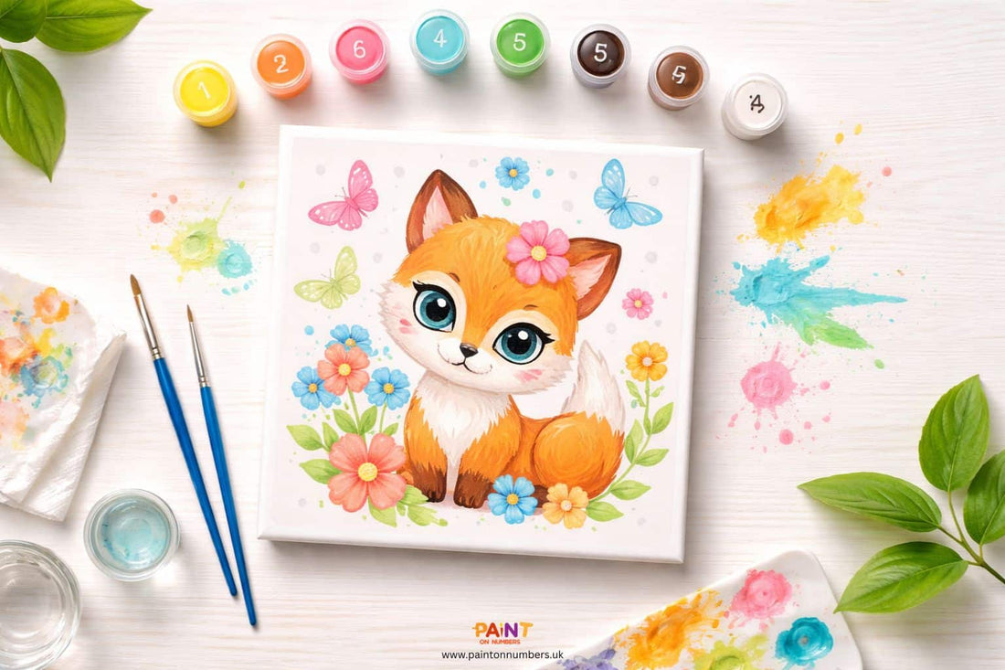 Children's paint by numbers kits in the UK showing a completed colourful canvas next to paints and brushes