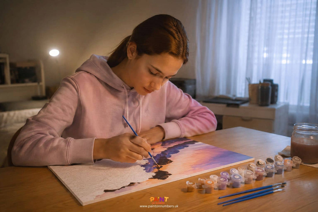 A teenage girl painting a paintt by number landscape artwork on a table in a room setting