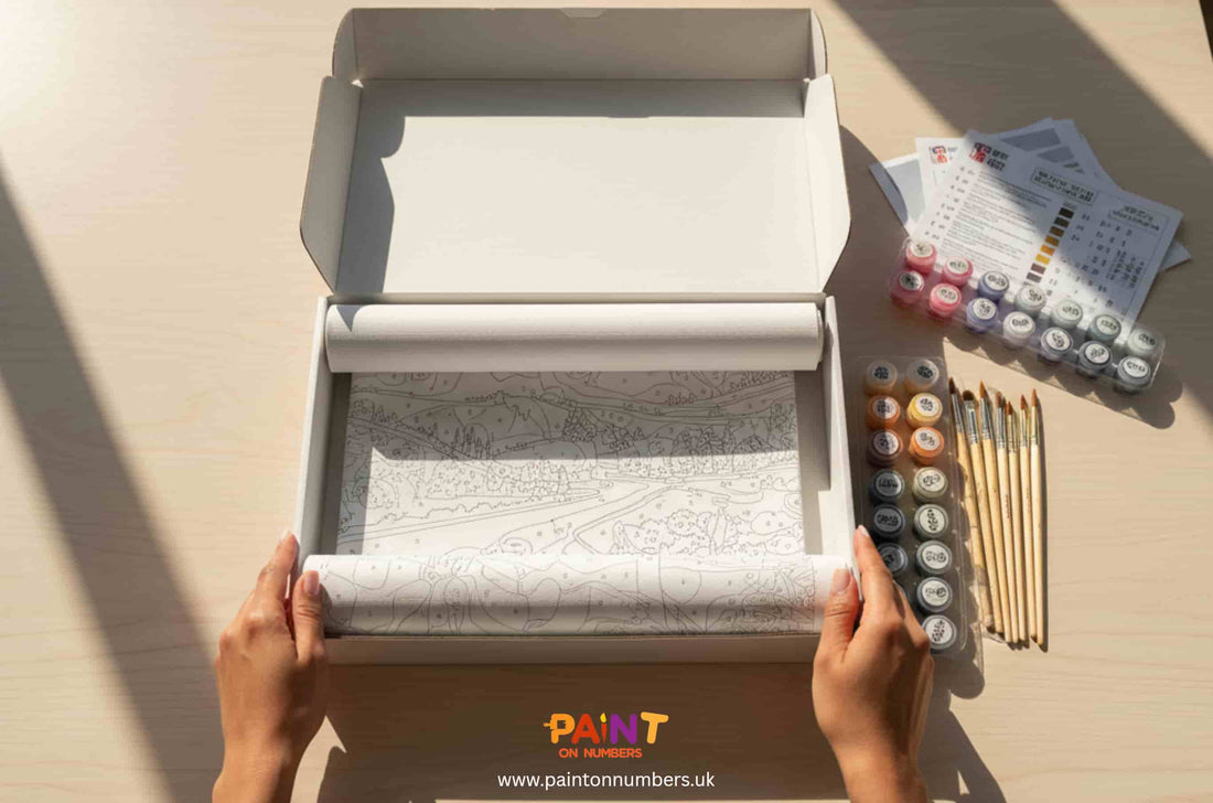 Hands unrolling a Paint by Numbers canvas from a neatly packed box with paints, brushes, and instruction sheets arranged on a bright wooden table.