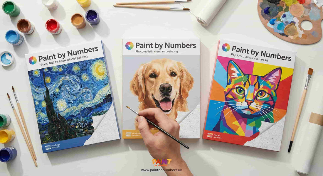 Three 'Paint by Numbers' books featuring 'Starry Night', a dog, and a colorful cat on a table with art supplies.