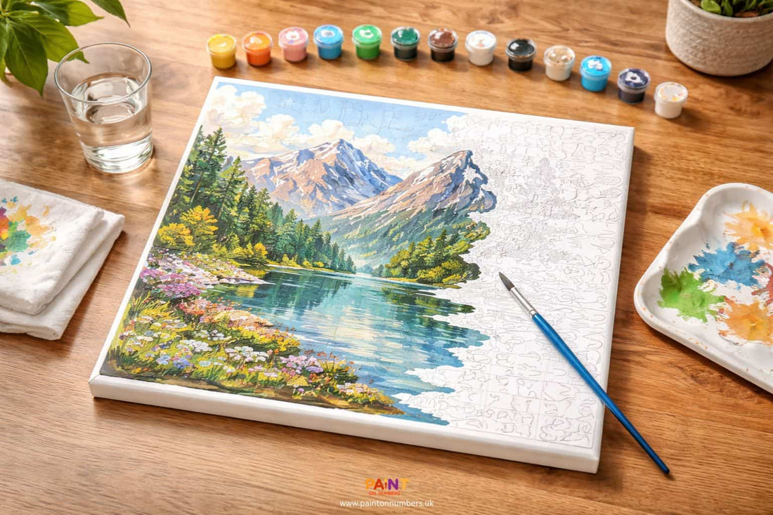 Paint by numbers canvas showing light and dark colour sections being painted in the correct order
