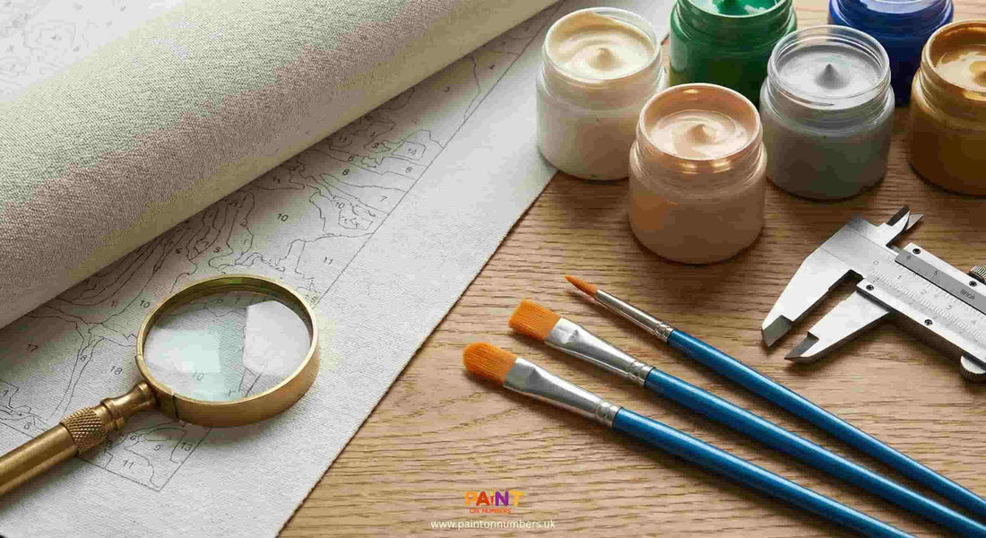 Paint containers, brushes, and a magnifying glass on a wooden surface with a map underneath.
