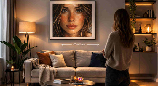 Framed paint by numbers portrait viewed from two metres in modern living room