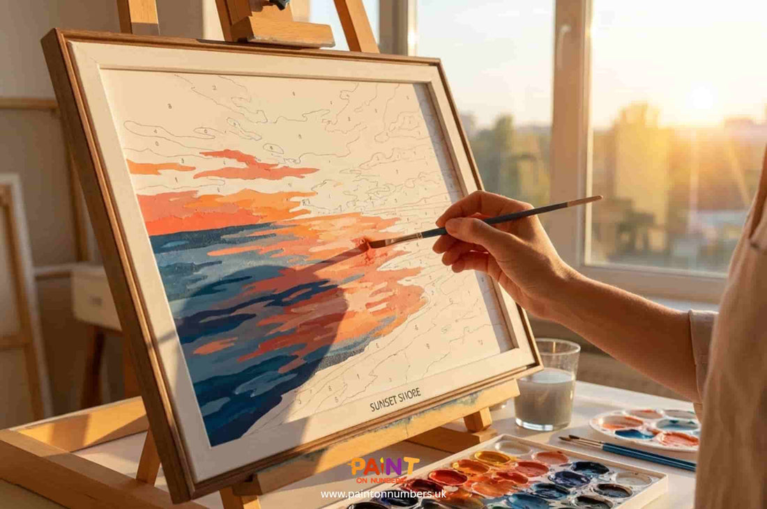 Person painting a sunset scene on a paint by numbers canvas placed on an easel