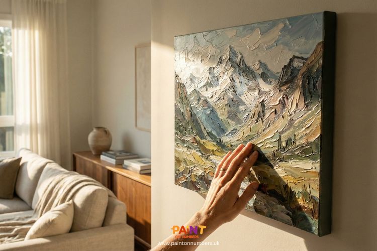 Hand touching a textured paint by numbers landscape canvas hanging on a sunlit living room wall.
